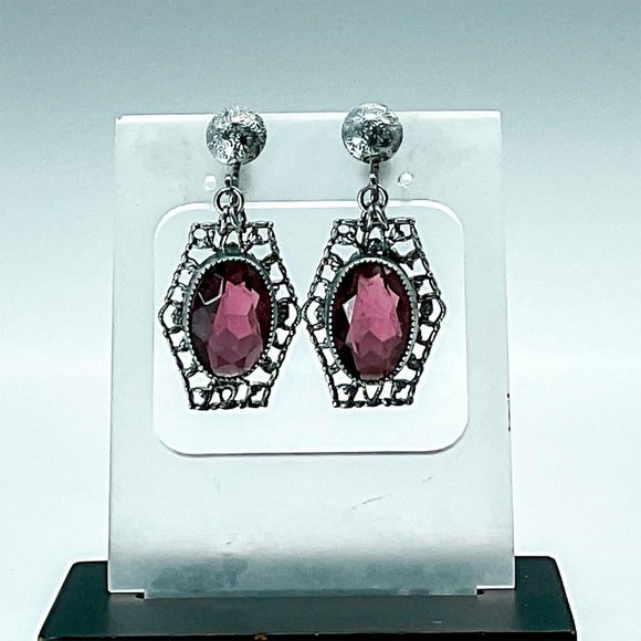 Vintage Purple Gemstone Earrings, Silver Tone Filigree Design, Screw Back - Picture 2 of 3